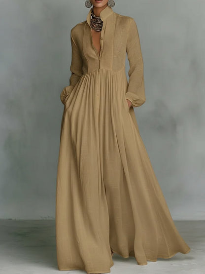 Women's Minimalist Cotton And Linen Patchwork Single-breasted Stand-up Collar Long-sleeved Maxi Dress