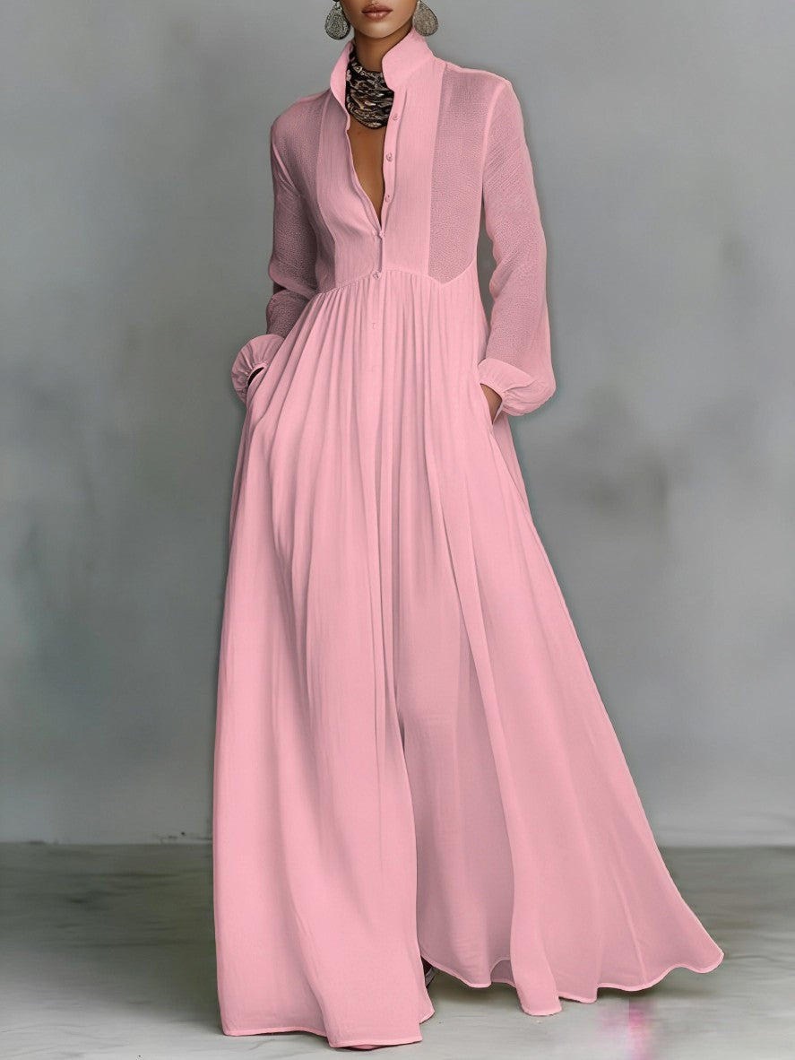 Women's Minimalist Cotton And Linen Patchwork Single-breasted Stand-up Collar Long-sleeved Maxi Dress