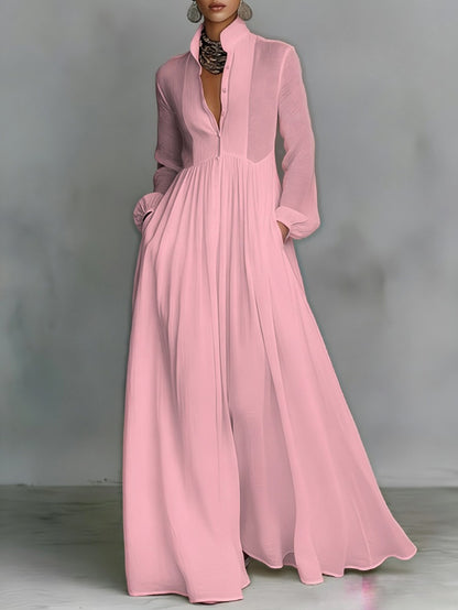 Women's Minimalist Cotton And Linen Patchwork Single-breasted Stand-up Collar Long-sleeved Maxi Dress