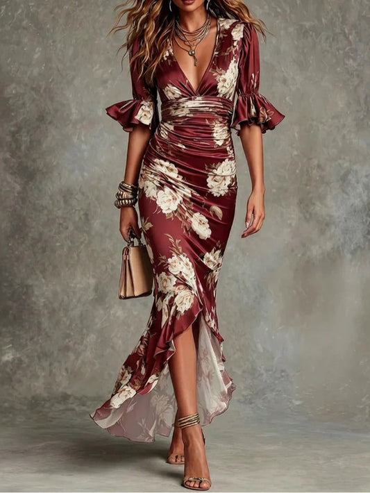 Claret Floral Ruffled Bell Sleeve V-neck Satin Asymmetrical Maxi Dress
