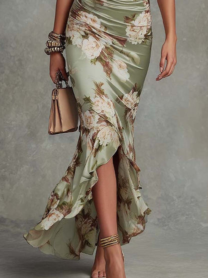 Claret Floral Ruffled Bell Sleeve V-neck Satin Asymmetrical Maxi Dress