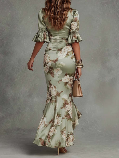 Claret Floral Ruffled Bell Sleeve V-neck Satin Asymmetrical Maxi Dress