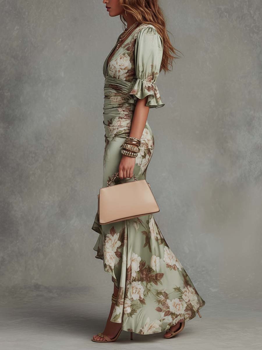 Claret Floral Ruffled Bell Sleeve V-neck Satin Asymmetrical Maxi Dress