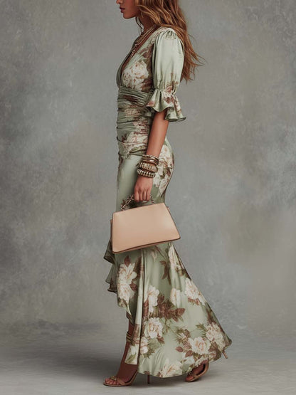Claret Floral Ruffled Bell Sleeve V-neck Satin Asymmetrical Maxi Dress